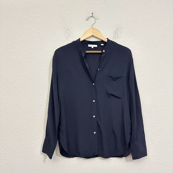VINCE Banded Collar Satin Button-Up Long Sleeve Shirt Black Pocket - Picture 1 of 11